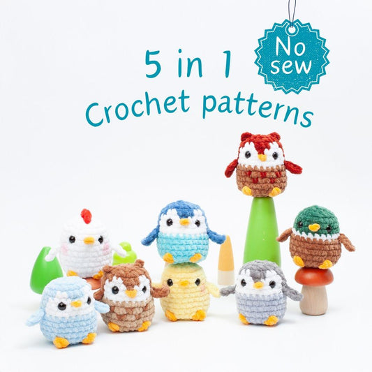 No Sew Crochet Bird Pattern Set – Penguin, Owl, Chick, Hen & Mallard Duck | Amigurumi Pattern Bundle PDF