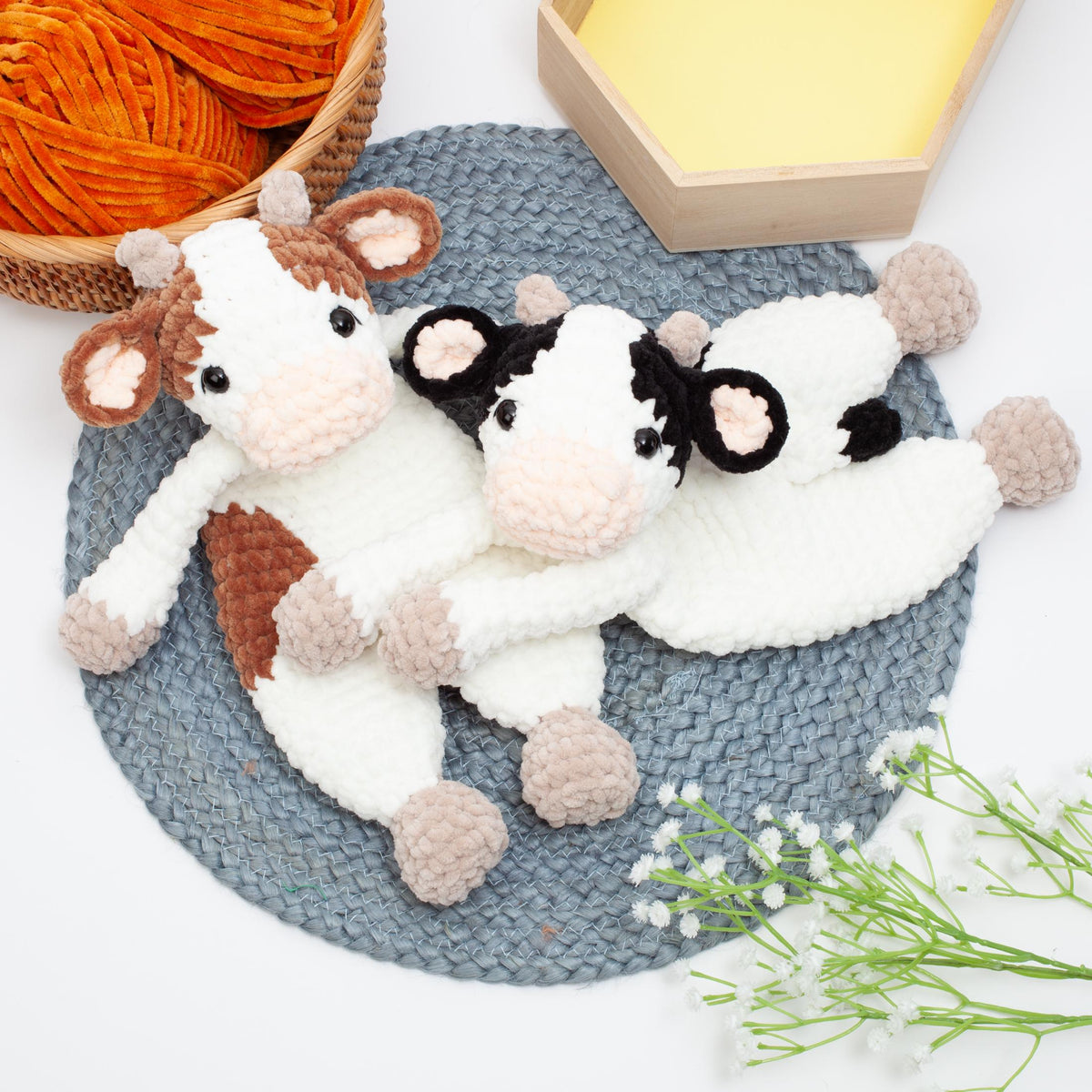 Crochet cow snuggler pattern, cow lovey crochet pattern, comforter toy, baby security blanket