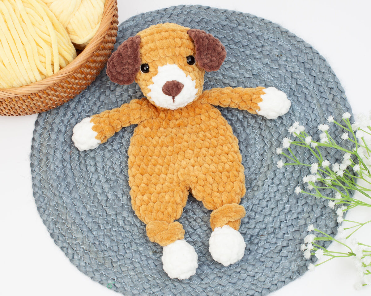 Crochet Puppy snuggler pattern, Dog knotted lovey crochet pattern, comforter toy, baby security blanket