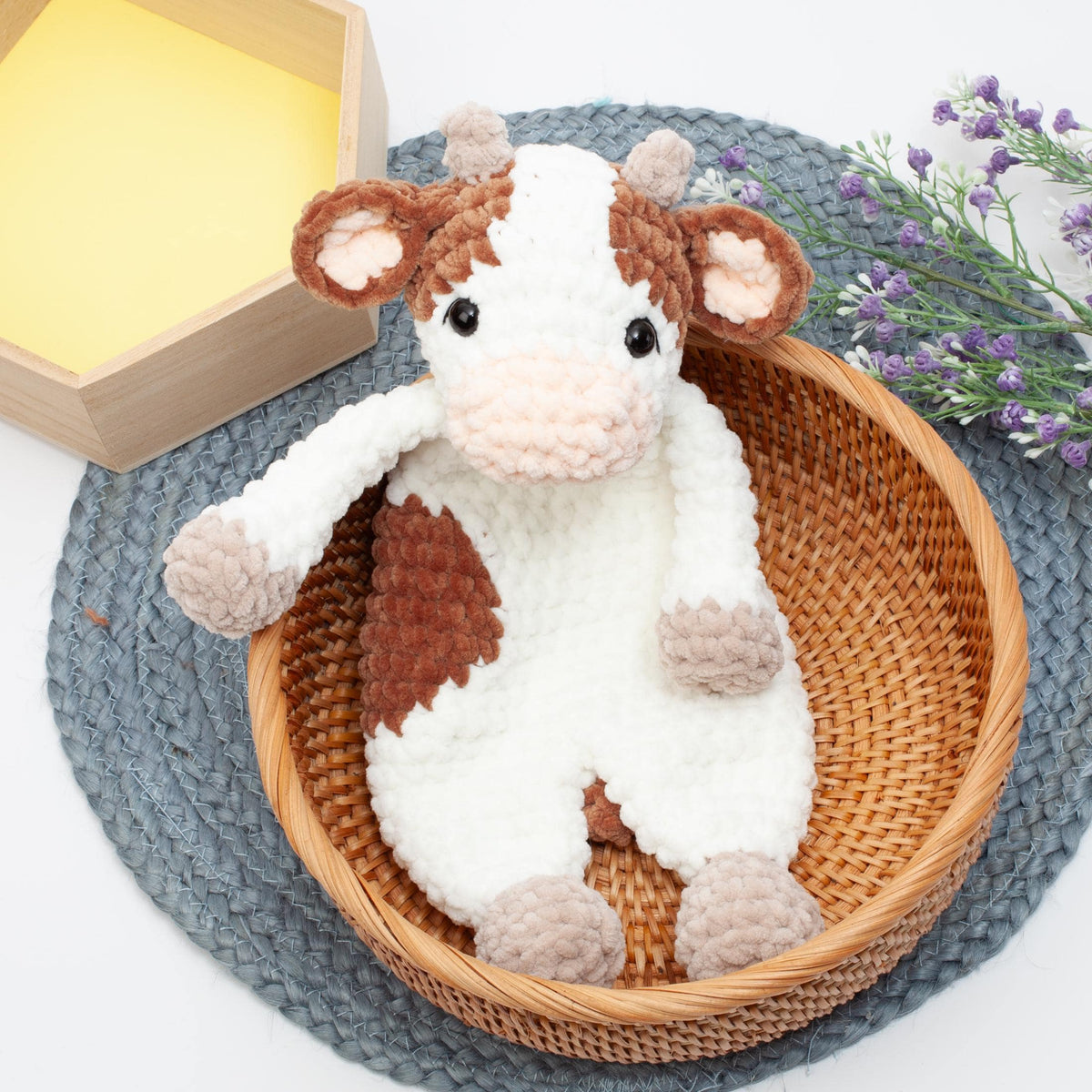 Crochet cow snuggler pattern, cow lovey crochet pattern, comforter toy, baby security blanket