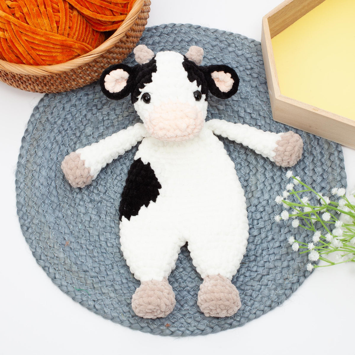 Crochet cow snuggler pattern, cow lovey crochet pattern, comforter toy, baby security blanket