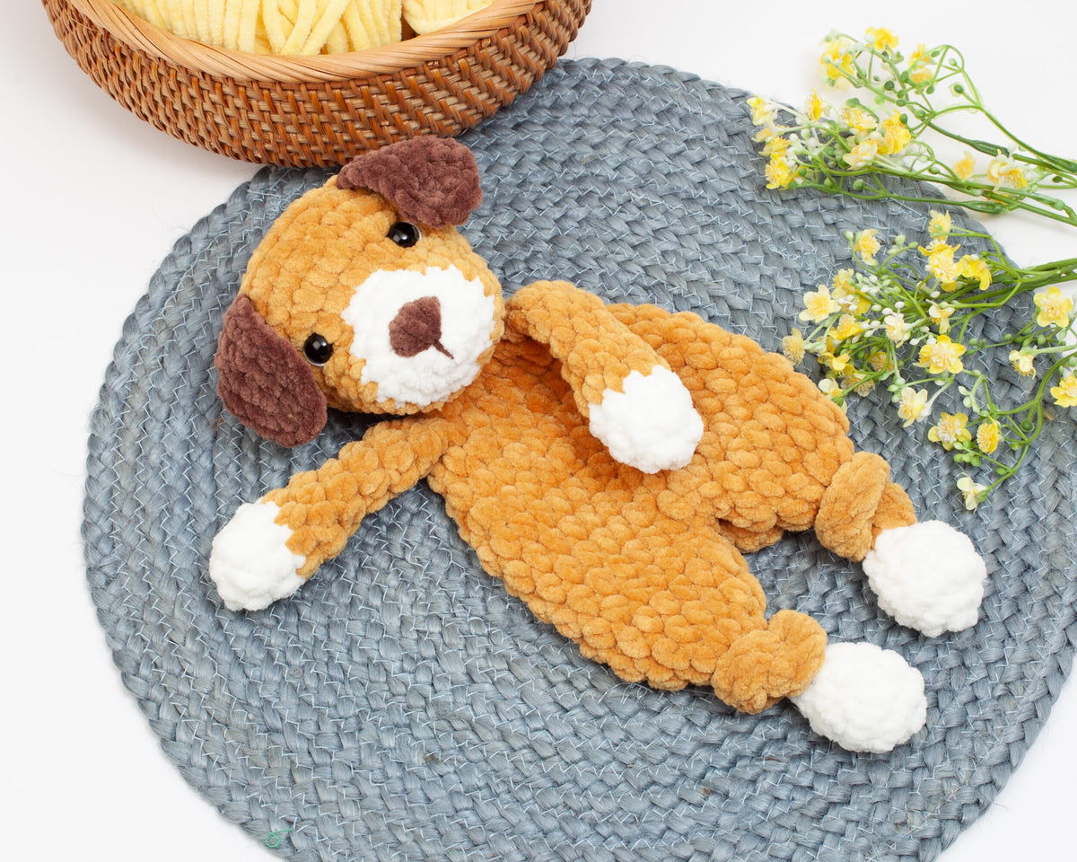 Crochet Puppy snuggler pattern, Dog knotted lovey crochet pattern, comforter toy, baby security blanket