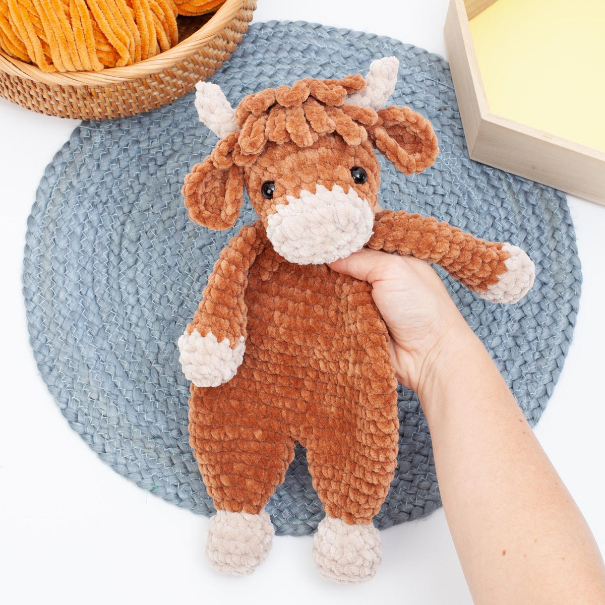 Crochet Highland cow snuggler pattern, Highland cow lovey crochet pattern, comforter toy, baby security blanket