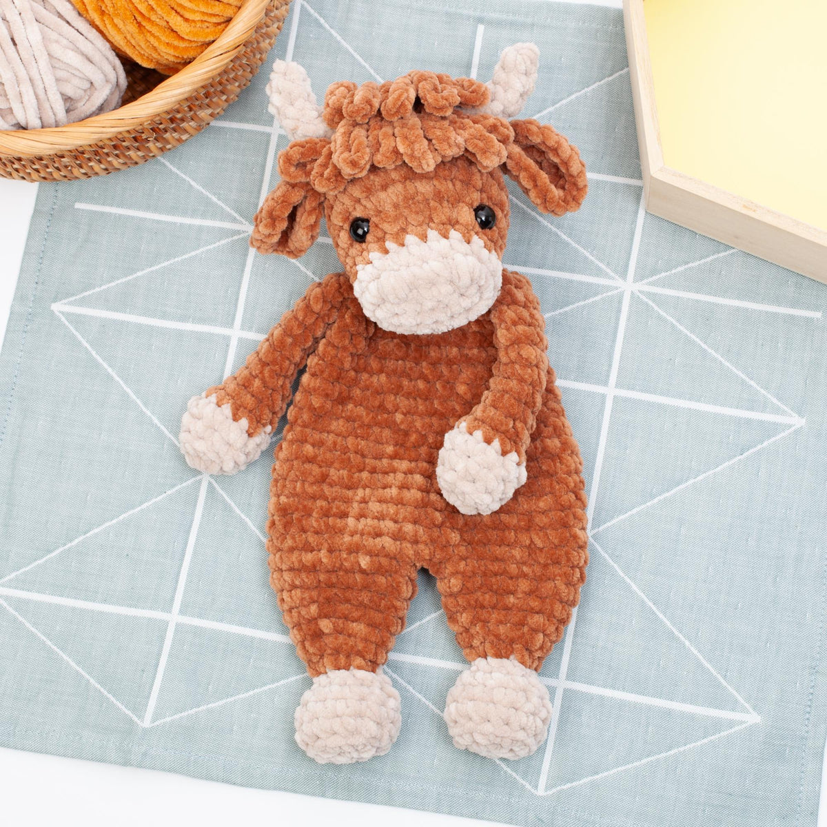 Crochet Highland cow snuggler pattern, Highland cow lovey crochet pattern, comforter toy, baby security blanket