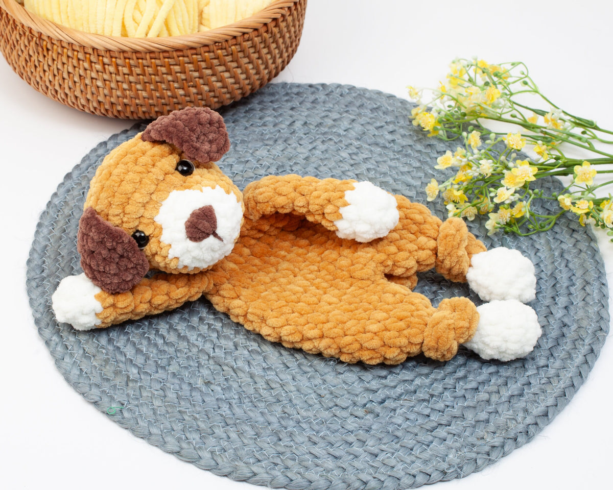 Crochet Puppy snuggler pattern, Dog knotted lovey crochet pattern, comforter toy, baby security blanket