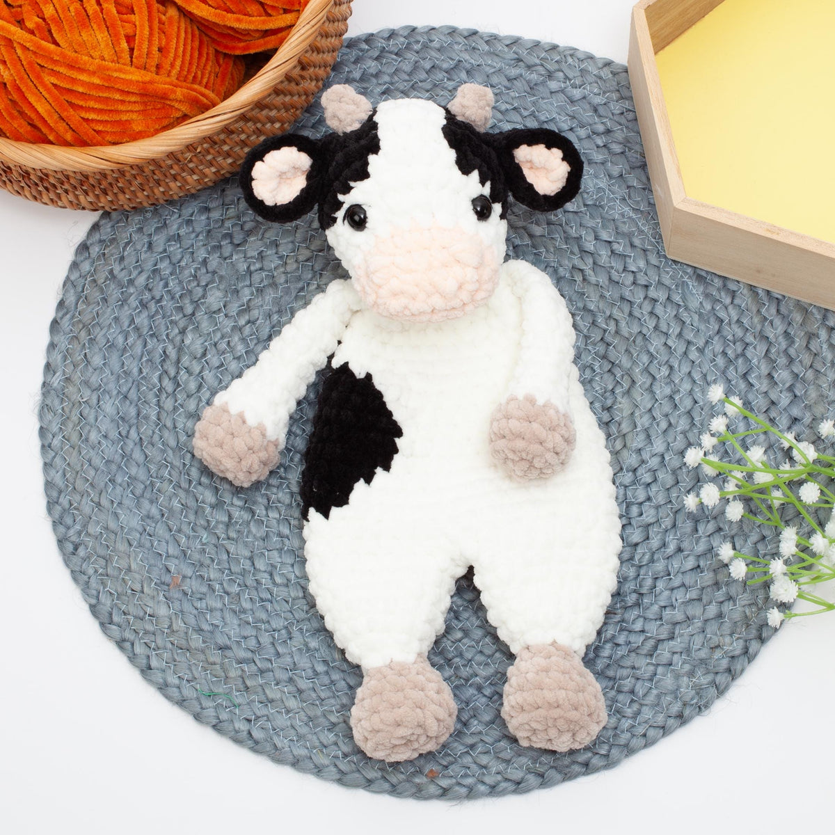 Crochet cow snuggler pattern, cow lovey crochet pattern, comforter toy, baby security blanket
