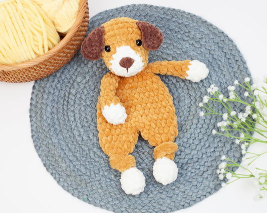 Crochet Puppy snuggler pattern, Dog knotted lovey crochet pattern, comforter toy, baby security blanket